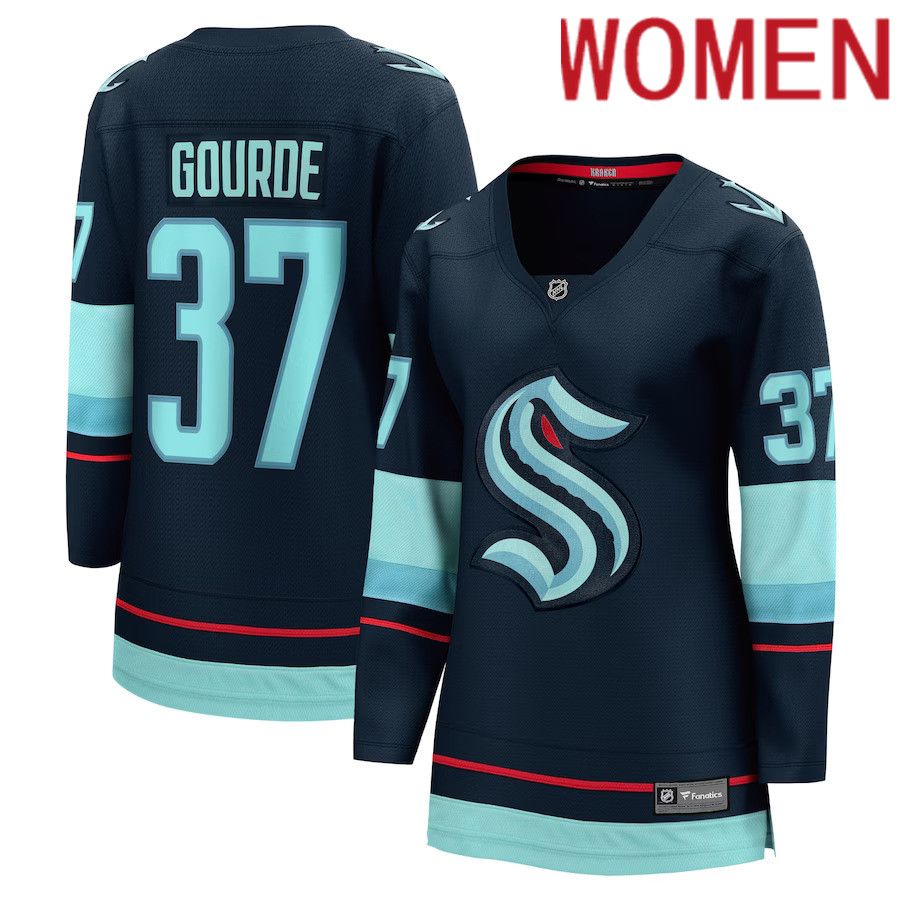 Women Seattle Kraken #37 Yanni Gourde Fanatics Branded Navy Home Breakaway Player NHL Jersey